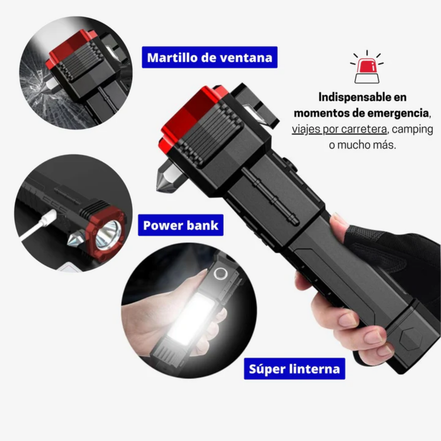 Linterna con martillo y cortador de cinturón de seguridad